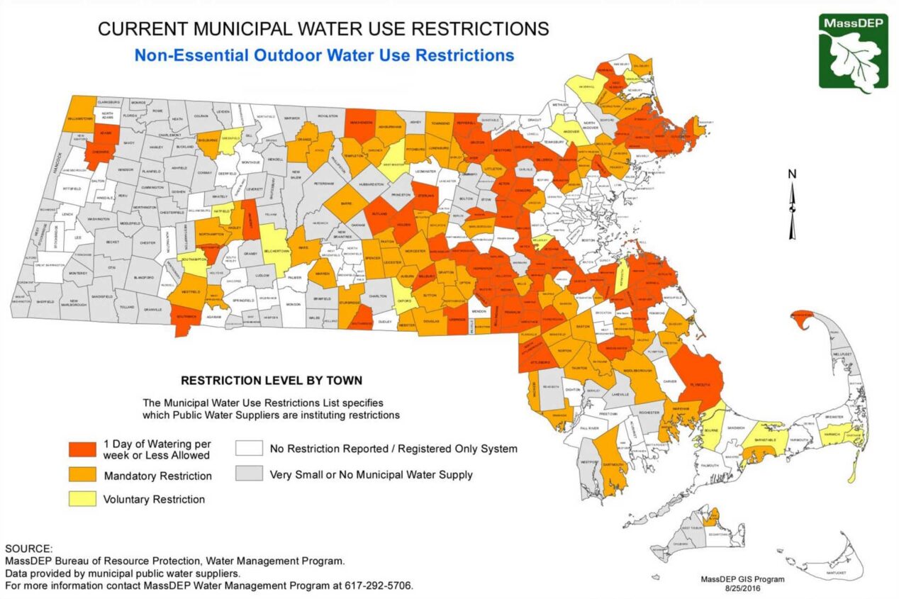MassDEP map showing reported outdoor water-use restrictions by Massachusetts town as of August 25, 2016.