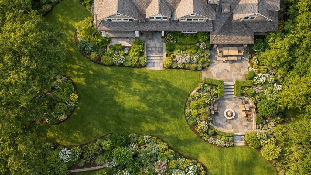 Aerial view of a lush New England estate landscape with layered planting, stone terraces, and timeless outdoor structure.