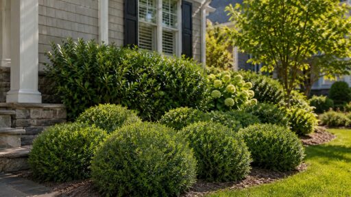 Inkberry hollies provide evergreen structure and complement layered foundation plantings.