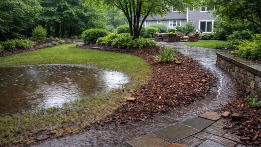 Standing water collects in a lawn depression while a light runoff line follows the edge of a mulched bed and stone wall, illustrating a common residential drainage issue on a New England property.