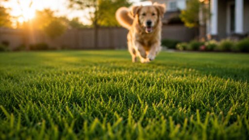 A dog runs across a lush green lawn toward the camera in warm golden-hour light, with the foreground grass sharply emphasized and the background softly blurred to create a sense of movement and depth.