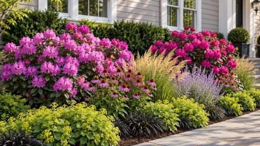 Pink and magenta rhododendrons in a layered foundation garden.