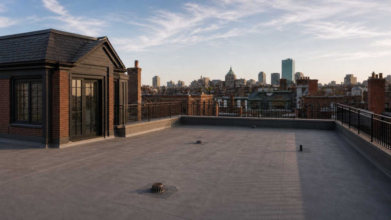 The same Boston rooftop before installation, showing a well-maintained but unused roof with open space and city views.