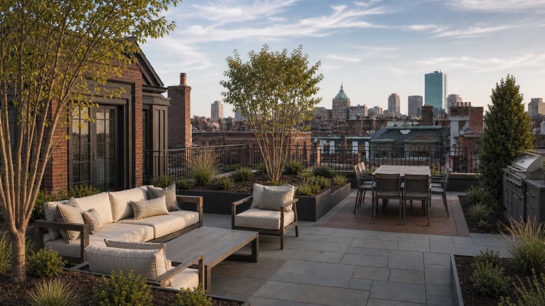 A Boston rooftop terrace pairs thoughtfully placed trees and plantings with comfortable lounge and dining areas, creating an elegant outdoor retreat with open skyline views.