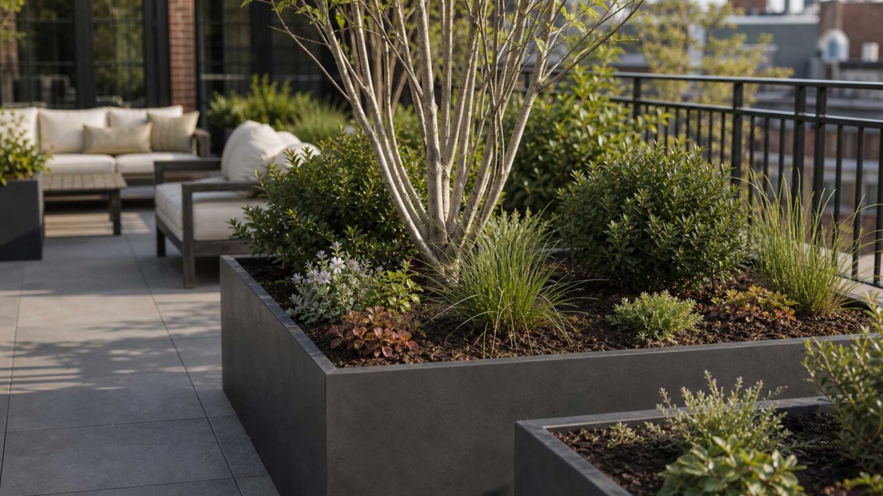 A mix of small trees, evergreen shrubs, ornamental grasses, and seasonal perennials brings structure, texture, and resilience to contemporary planters on a Boston rooftop garden.