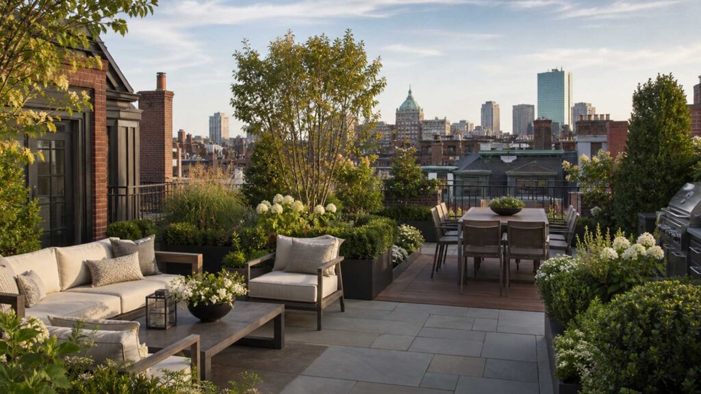 An elegant Boston rooftop terrace featuring layered gardens, comfortable lounge and dining areas, and sweeping views across the city.