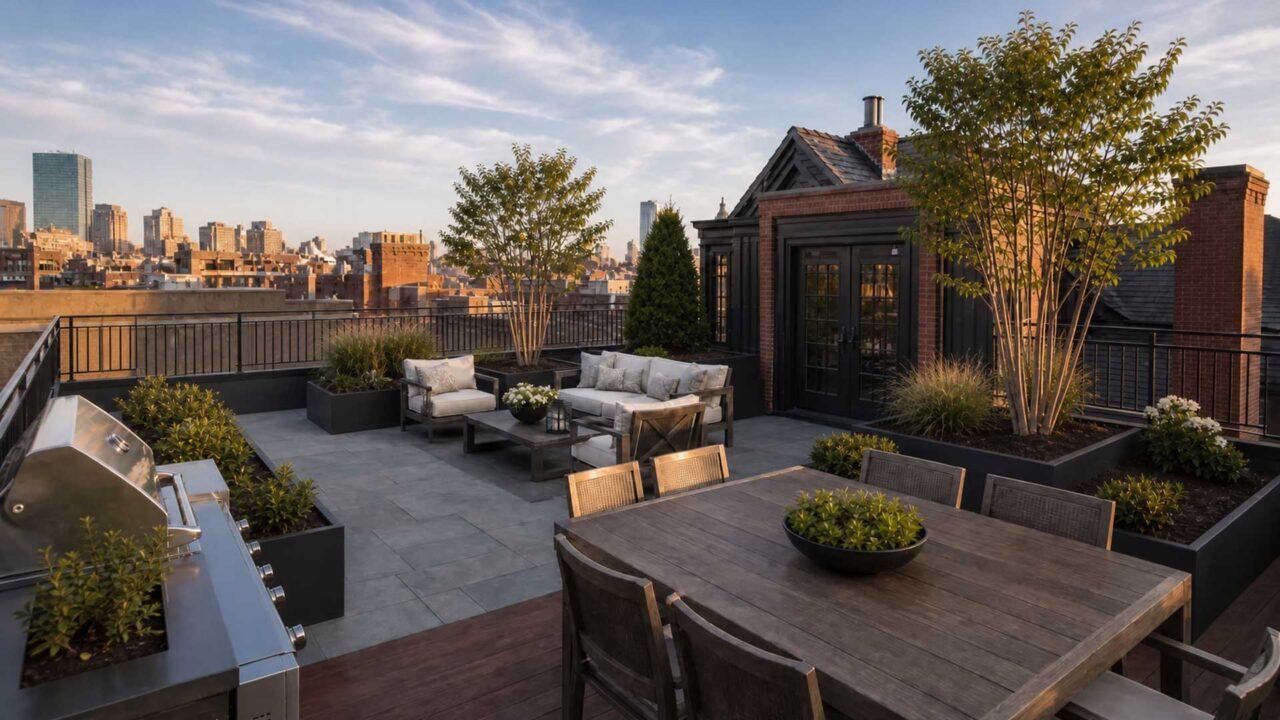 A thoughtfully designed Boston rooftop terrace uses strategically placed trees and restrained planting to frame city views, create privacy, and define comfortable dining and lounge areas.