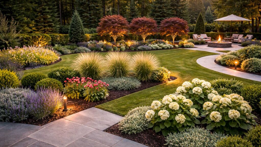 Grouped plantings in threes create a natural sense of balance and visual flow, guiding the eye through this thoughtfully designed landscape.