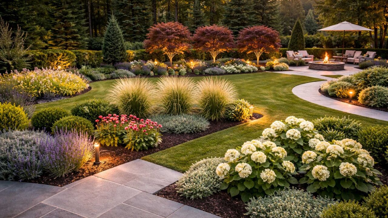 Grouped plantings in threes create a natural sense of balance and visual flow, guiding the eye through this thoughtfully designed landscape.
