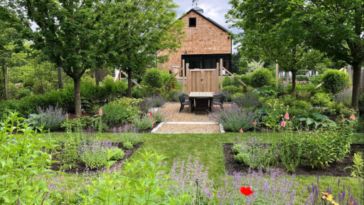 A garden setting with native plantings surrounding a simple barn structure, creating a functional outdoor space that blends naturally with its surroundings.