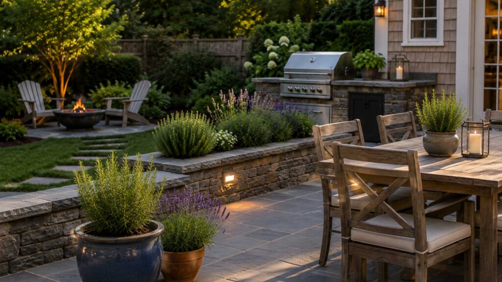 Lush Wayland, MA backyard with a stone patio, pool, outdoor kitchen, fire feature, and layered planting designed for comfortable summer outdoor living.
