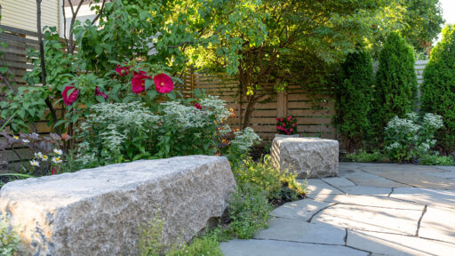 A curved bluestone garden path bordered by native plantings, flowering shrubs, and mature trees, with large granite seating stones and a modern wooden privacy fence creating a quiet, shaded backyard retreat.