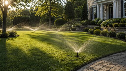 Professional irrigation system watering a lush Boston-area lawn with mature trees, clipped shrubs, stonework, and a refined New England home in the background.