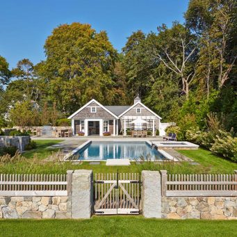 Duxbury, MA - outdoor pool, privacy screening, stone wall, gate, and ornamental grass