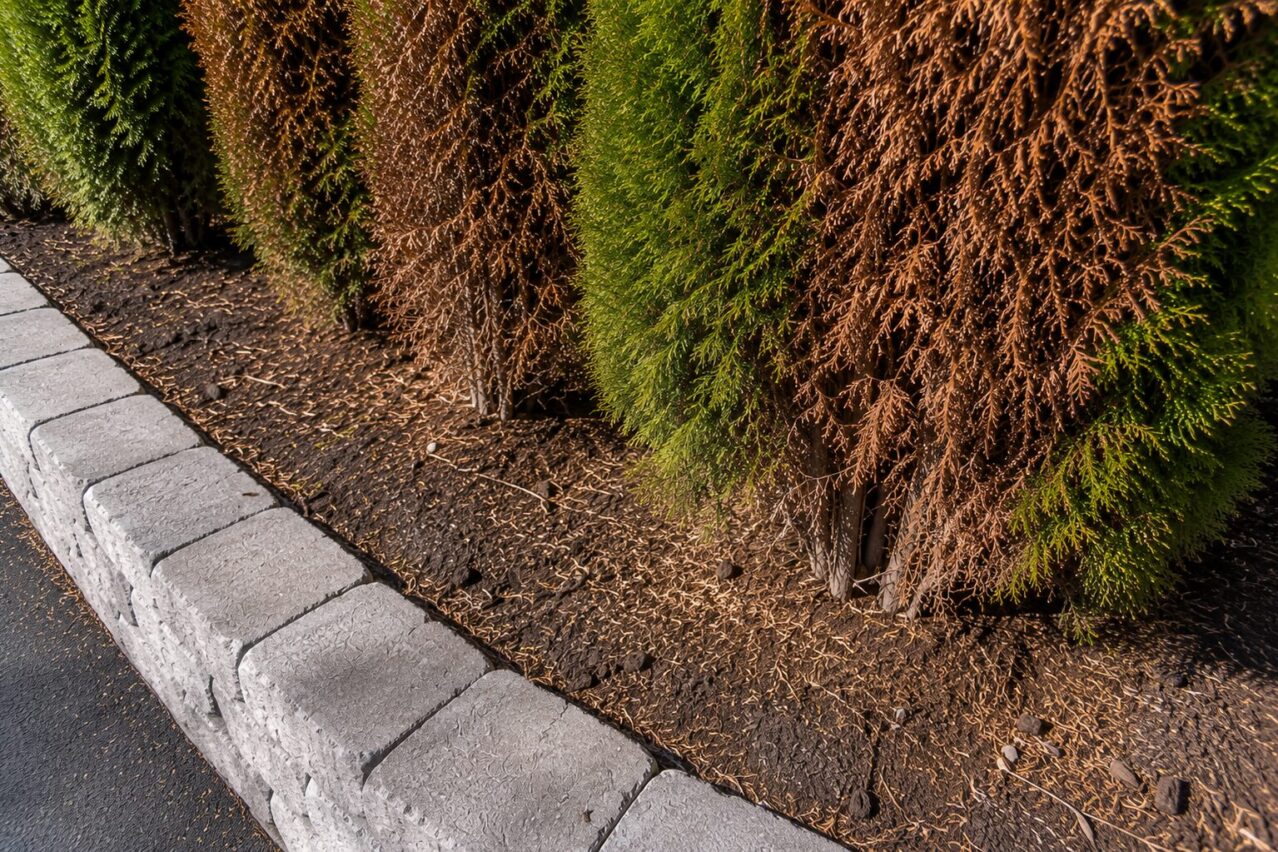 Wellesley, MA - Browning and thinning at the base of these arborvitae indicate substantial foliage loss and stress.