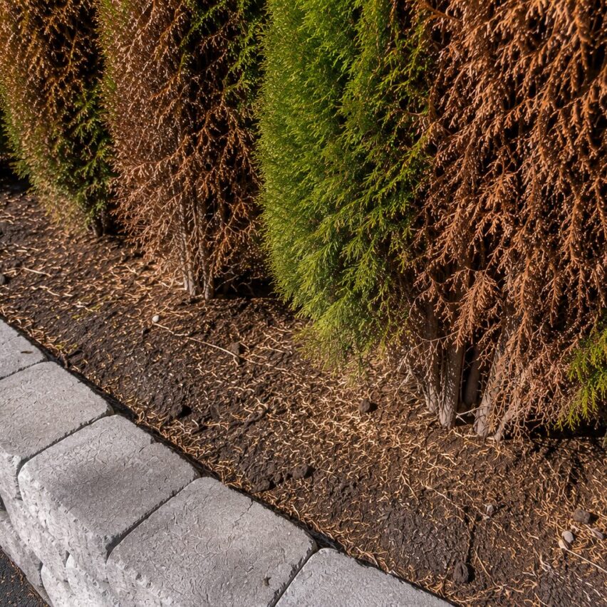 Wellesley, MA - Browning and thinning at the base of these arborvitae indicate substantial foliage loss and stress.