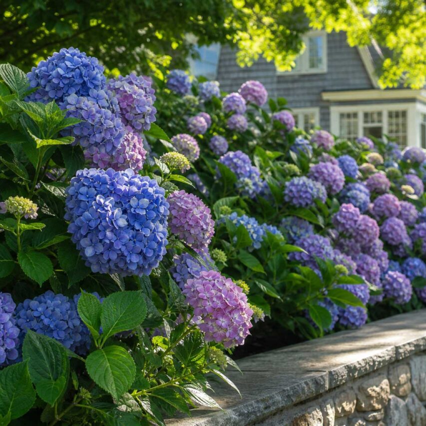 Bigleaf hydrangeas: Blue and purple bigleaf hydrangeas (Hydrangea macrophylla) brighten a residential garden. Traditional cultivars bloom mainly on old wood.