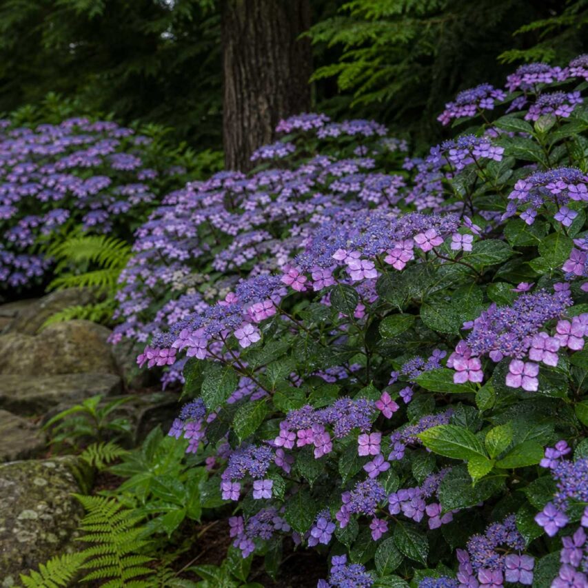 Mountain hydrangeas: Delicate purple lacecap flowers distinguish these mountain hydrangeas (Hydrangea serrata), which typically bloom on old wood, although some newer varieties rebloom.