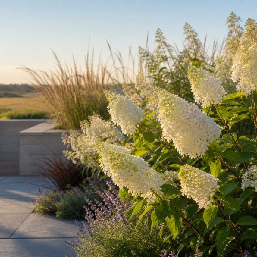 Panicle hydrangeas: White, cone-shaped panicle hydrangea (Hydrangea paniculata) flowers rise above a sunny garden. They bloom on new wood and often age to pink or rose.