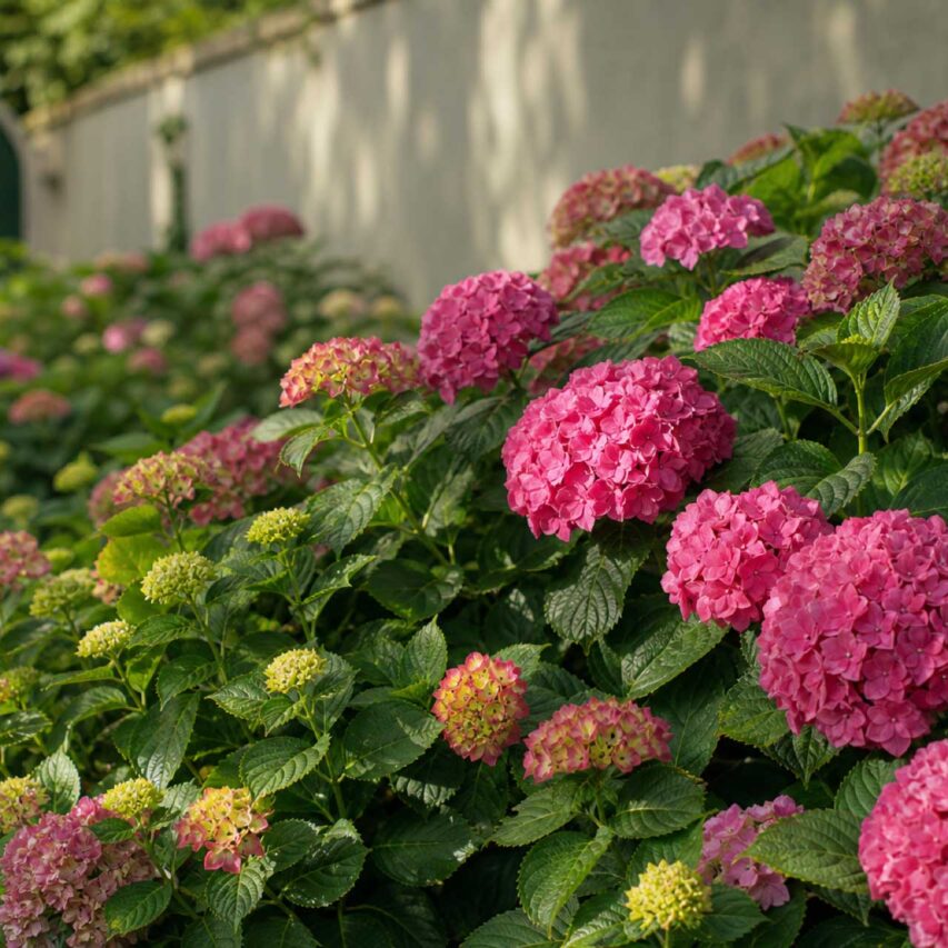 Reblooming bigleaf hydrangeas: Pink reblooming bigleaf hydrangeas display flowers at several stages. These varieties can bloom on old and new wood, providing some protection against winter bud damage.
