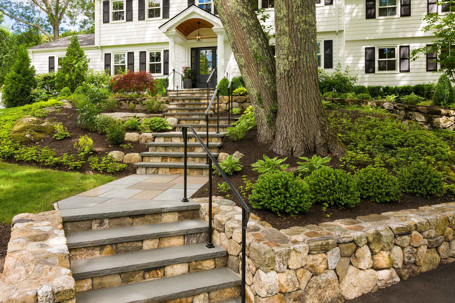 carefully composed landscape prepared for integrated lighting with plantings and pathways designed to perform equally well day and night