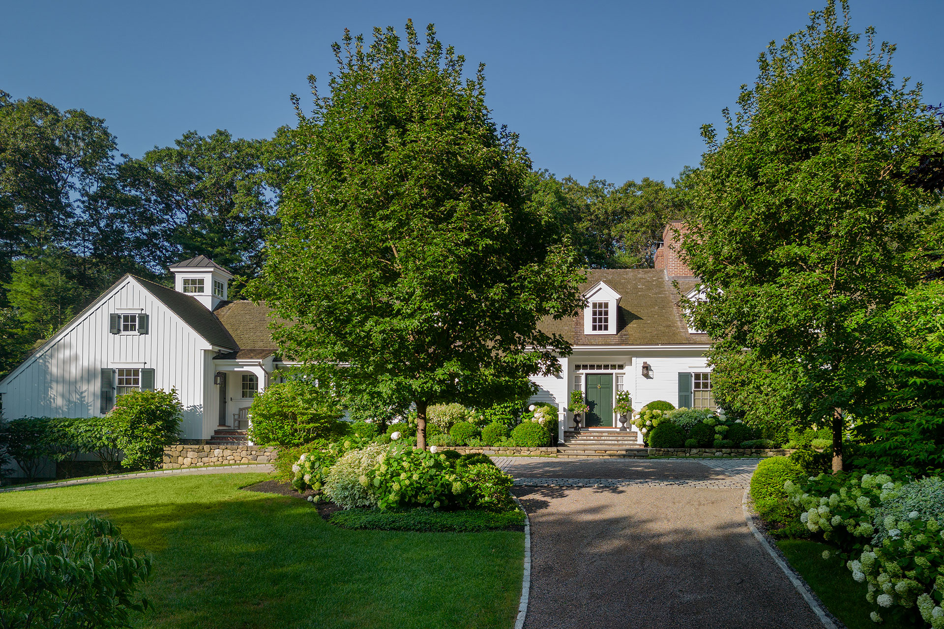 A gently curved gravel driveway guides arrival to a colonial home, framed by clipped boxwood and hydrangea borders that add structure, seasonal interest, and a refined sense of order.