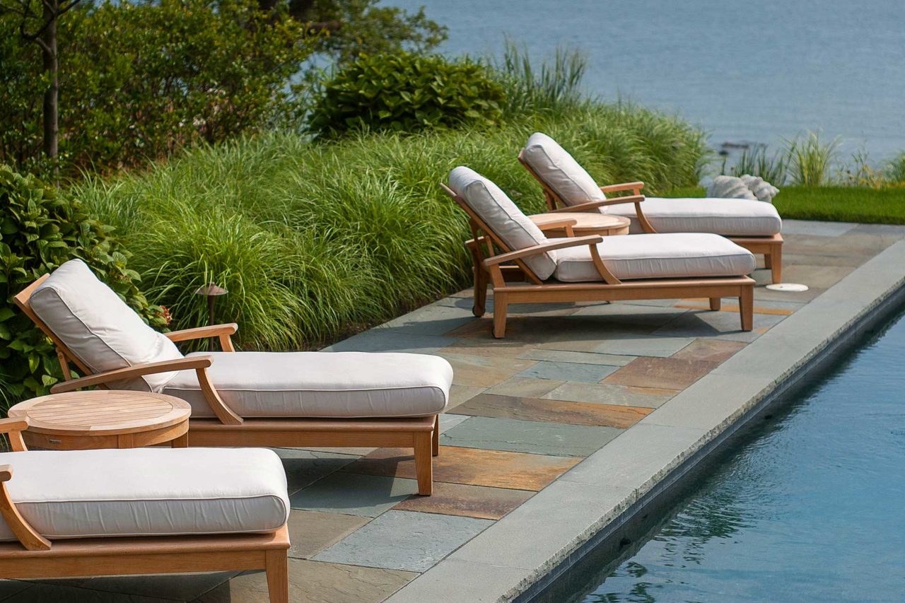Duxbury, MA - Beautiful bluestone pool deck creates a space for lounging.