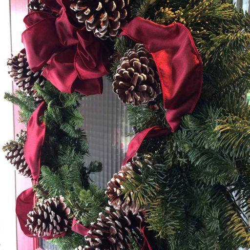 holiday - newton, pine cones, red wreath, decorations, door