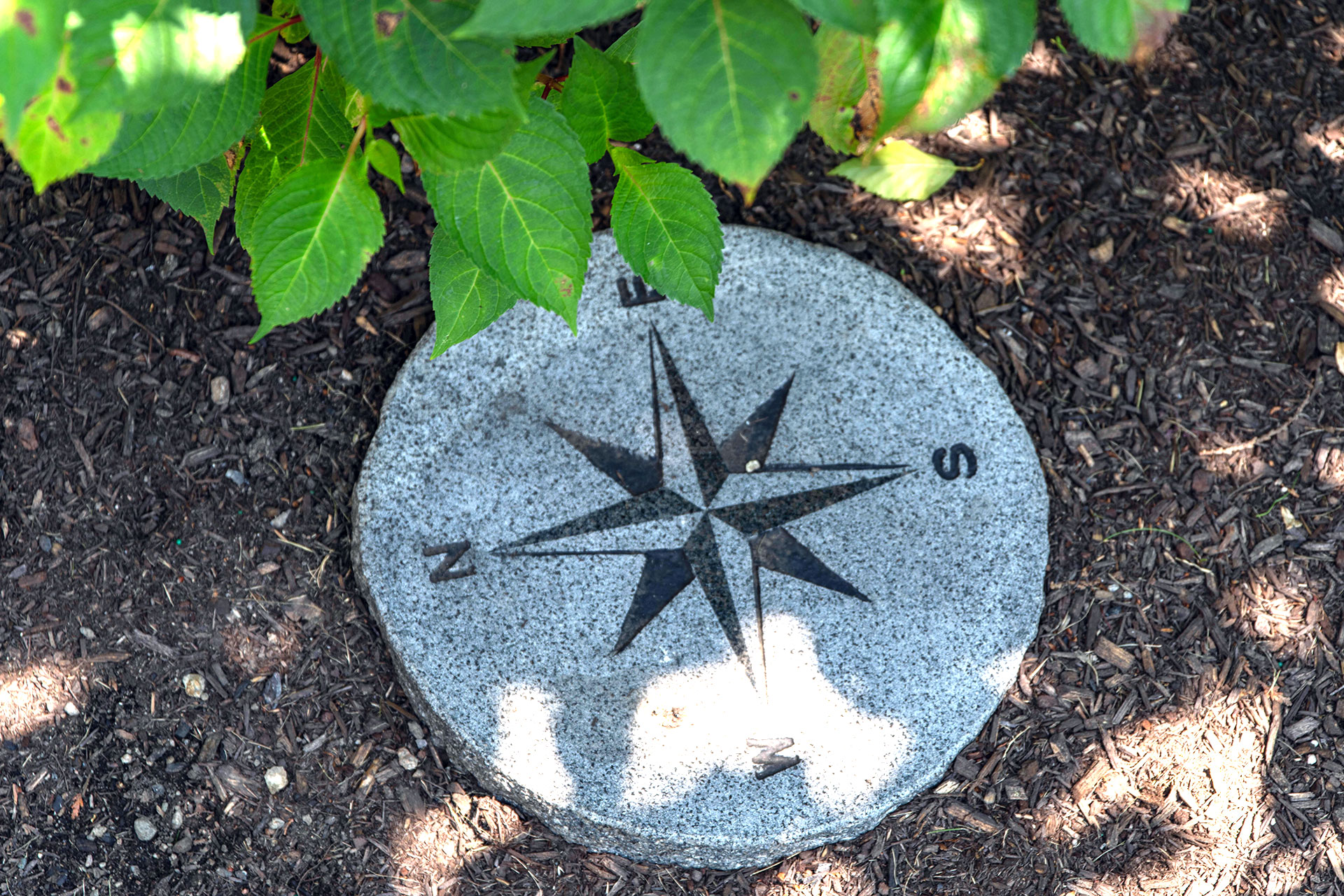 An engraved stone compass rose adds meaningful detail to the landscape, blending artistry and function while guiding movement and enhancing the garden’s sense of place.