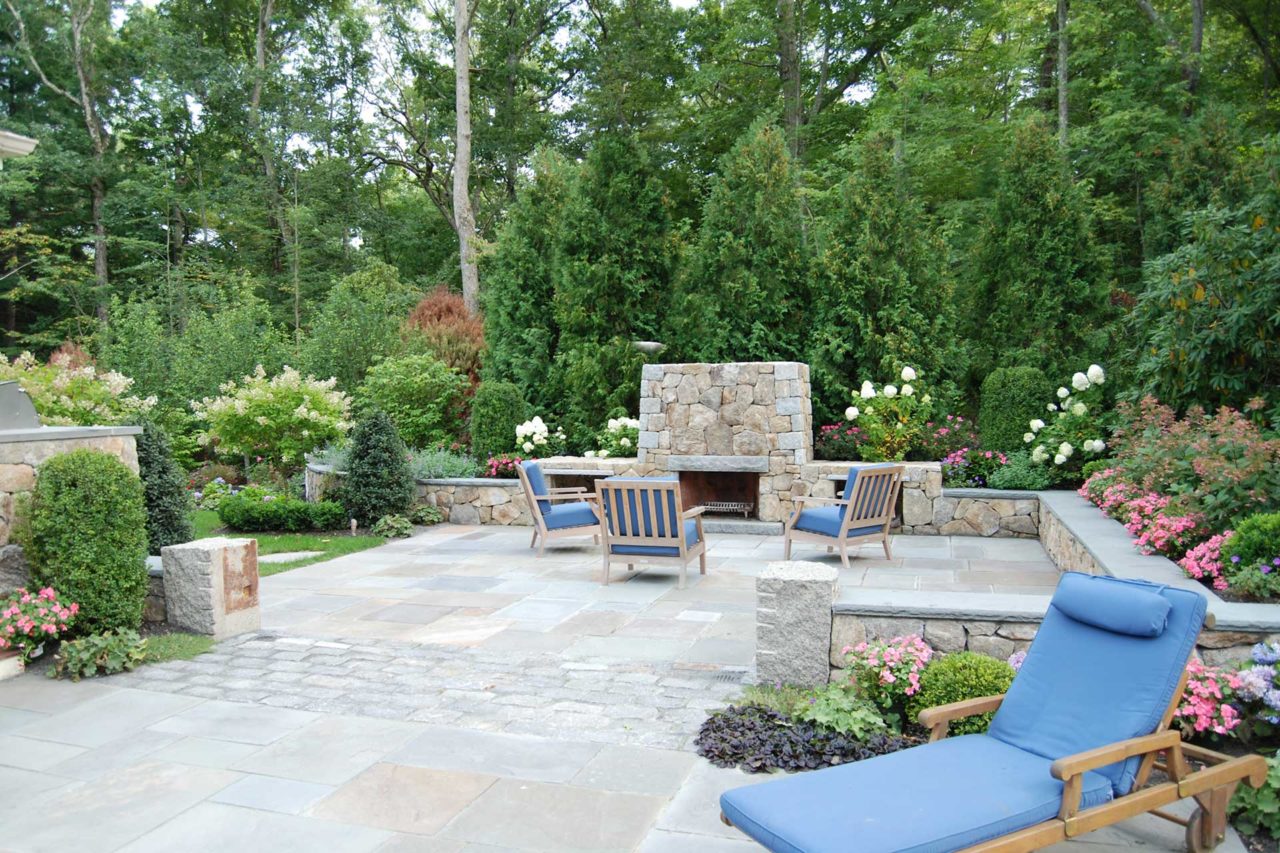 hardscapes - dover, outdoor fireplace, stone patio, antique granite, cobble