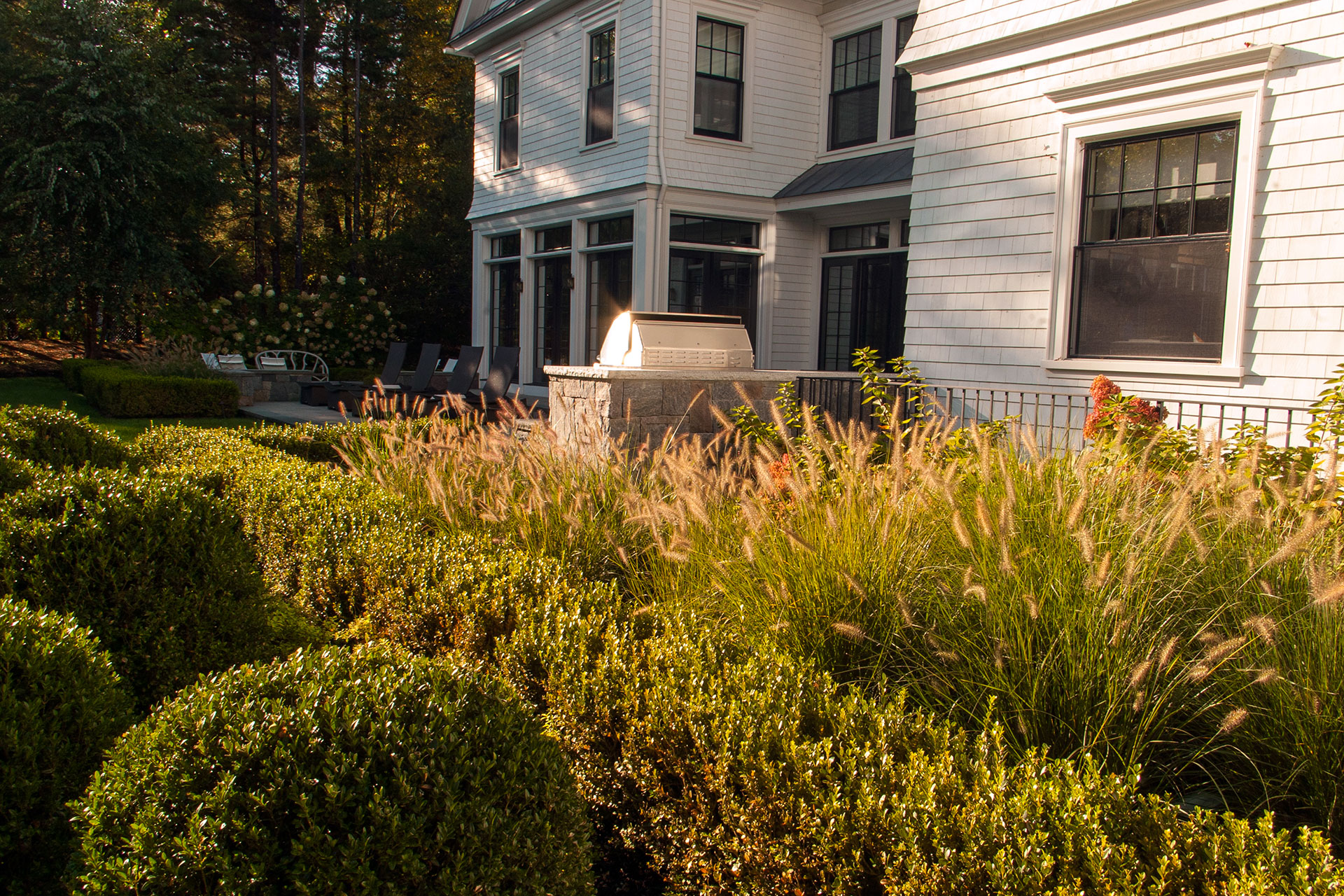 Massed fountain grass defines this formal Weston garden, balancing crisp structure with soft texture for a refined look that holds interest from summer into fall.