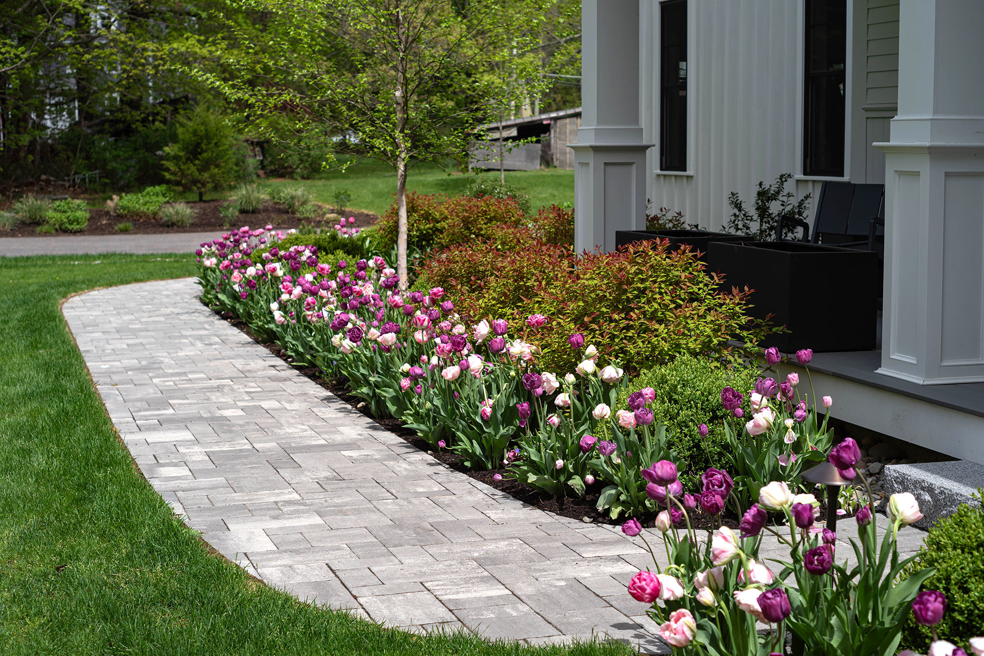 Curved concrete paver walkway softens the front approach while showcasing seasonal spring color.