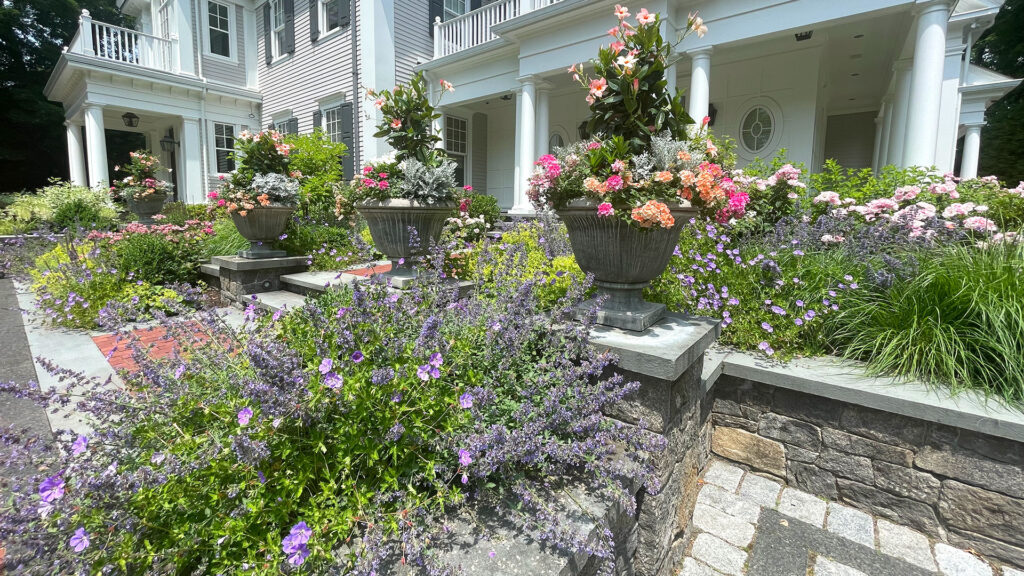 Grand stone urns filled with mixed annuals reinforce the formality of a summer garden while making seasonal color changes straightforward.