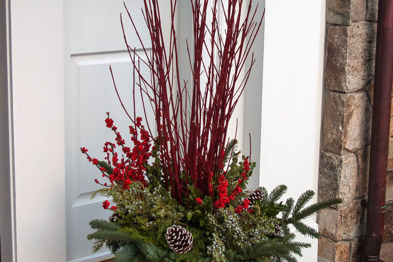A substantial entry urn filled with evergreen boughs, red twig accents, and winter berries creates a welcoming seasonal display in Brookline, MA with strong curb appeal.