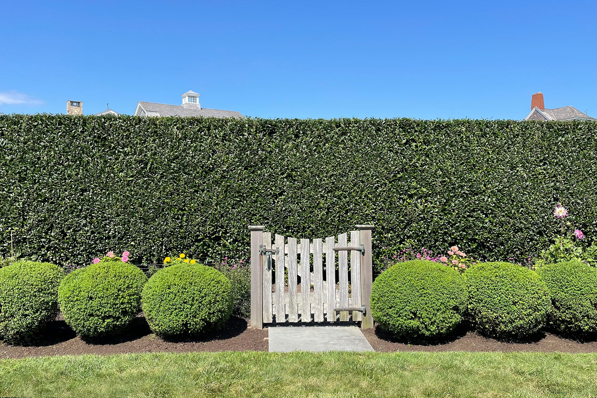 Formal boxwood hedges define space and provide structured privacy while complementing the geometry of the surrounding landscape.