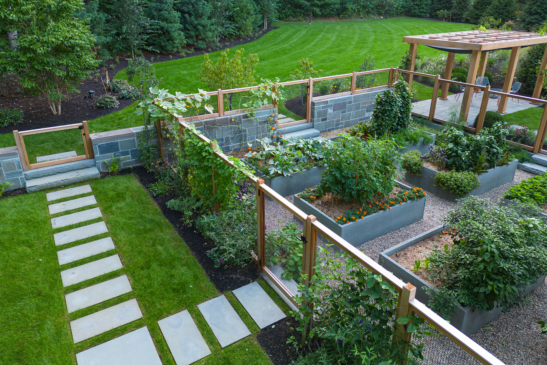 Wood fencing and a garden gate protect crops from wildlife while creating a welcoming entry to the modern vegetable garden.