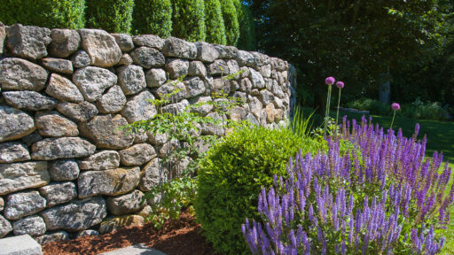A dry-laid fieldstone retaining wall defines the garden edge, using irregular, hand-set stone to manage a subtle grade change while creating a low, natural boundary with a relaxed, timeless character.