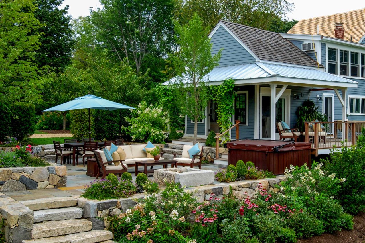 wayland patio with fire pit and retaining wall