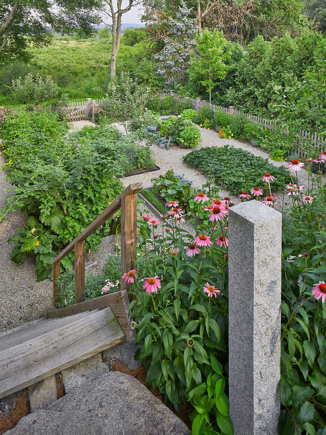 wayland vegetable garden with stone post