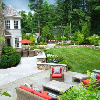 Wellesley, MA - back patio outdoor living space with pool and tennis court, landscape design