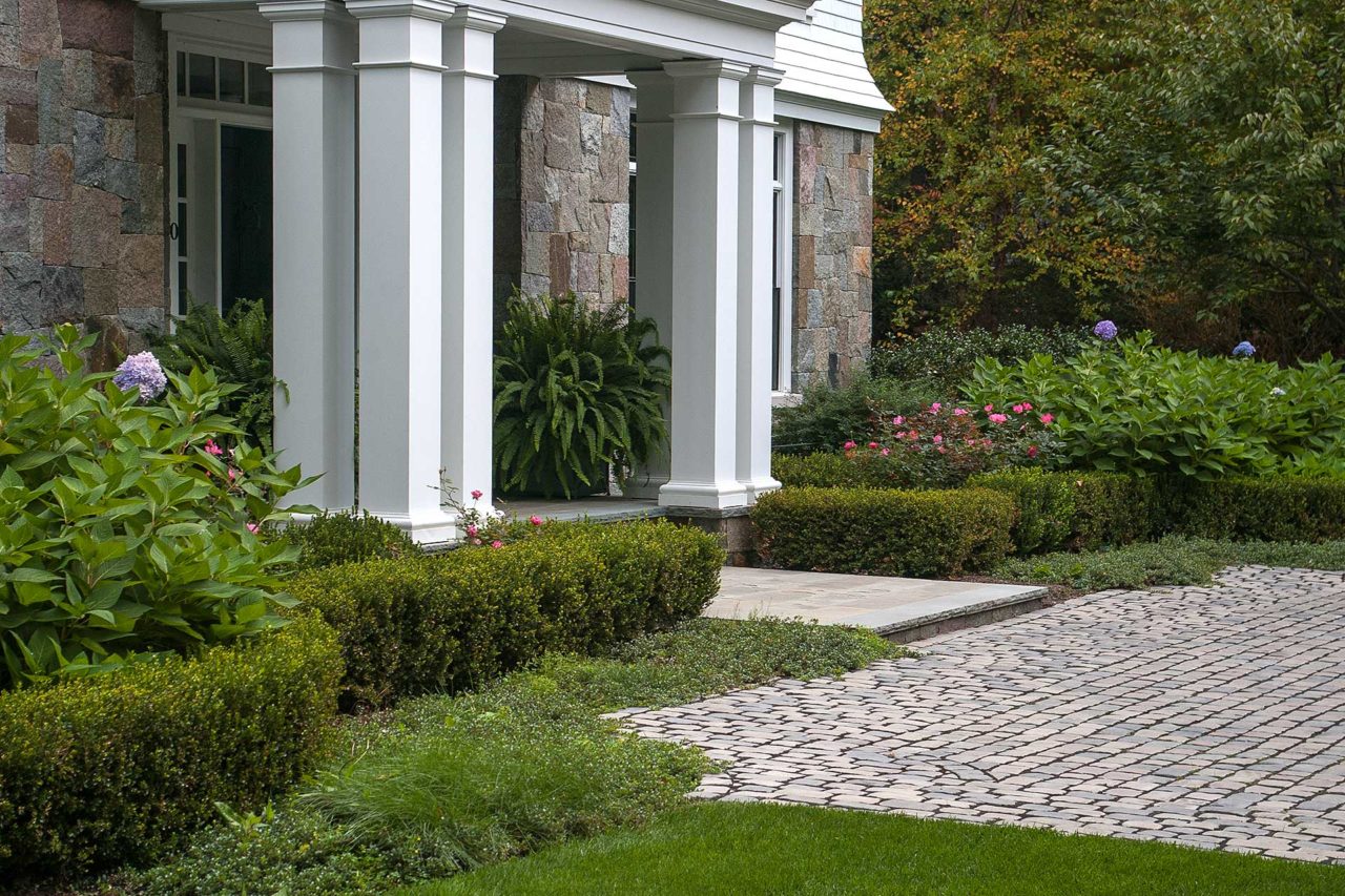Weston, MA - stone entryway, with garden and planters