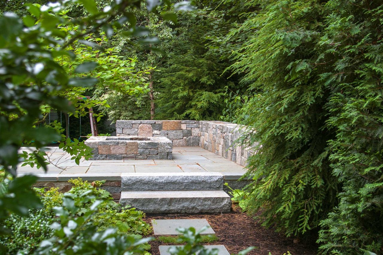 Wellesley, MA - stone fire pit, path, wooded