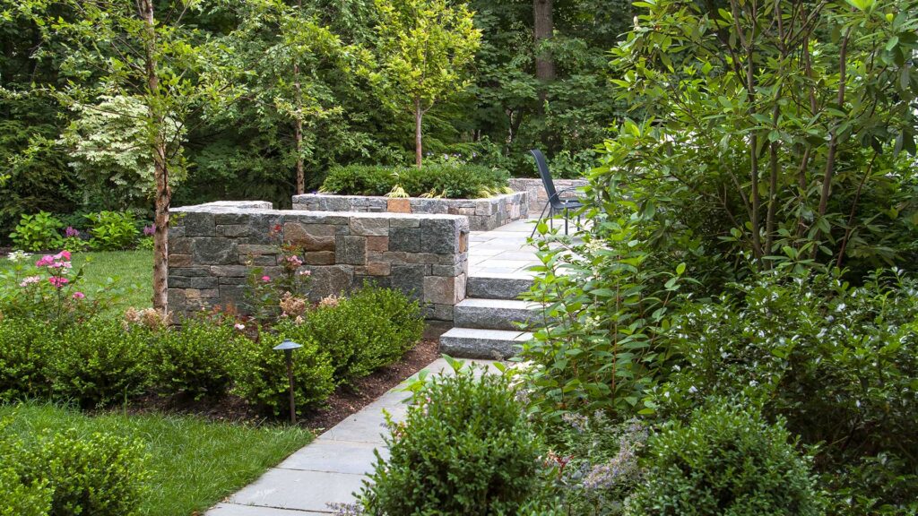 Wellesley, MA - Lushly planted beds of boxwood, holly, magnolia, and birch.